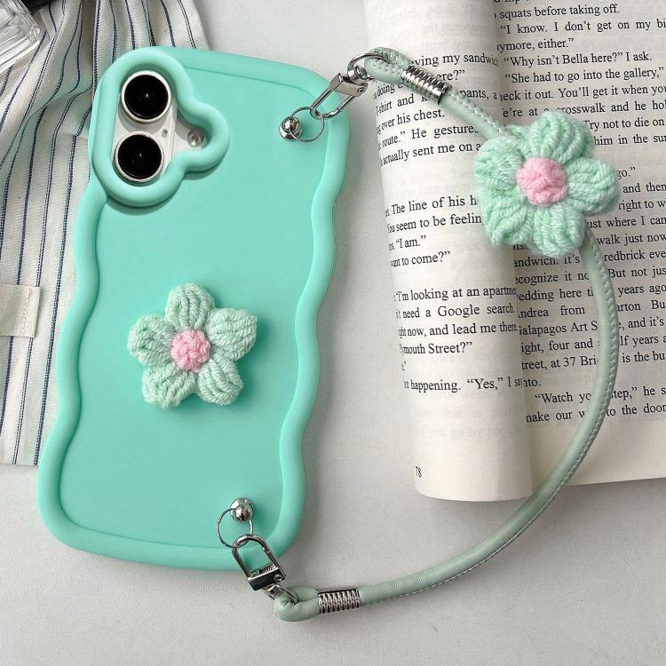 For iPhone 16 Plush Flower Wavy TPU Phone Case with Lanyard