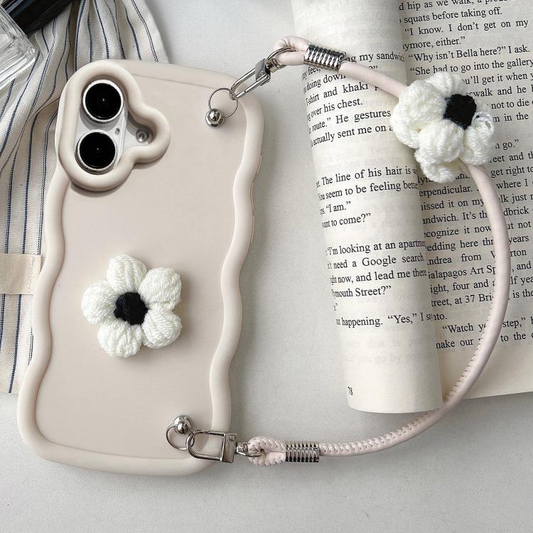 For iPhone 16 Plush Flower Wavy TPU Phone Case with Lanyard