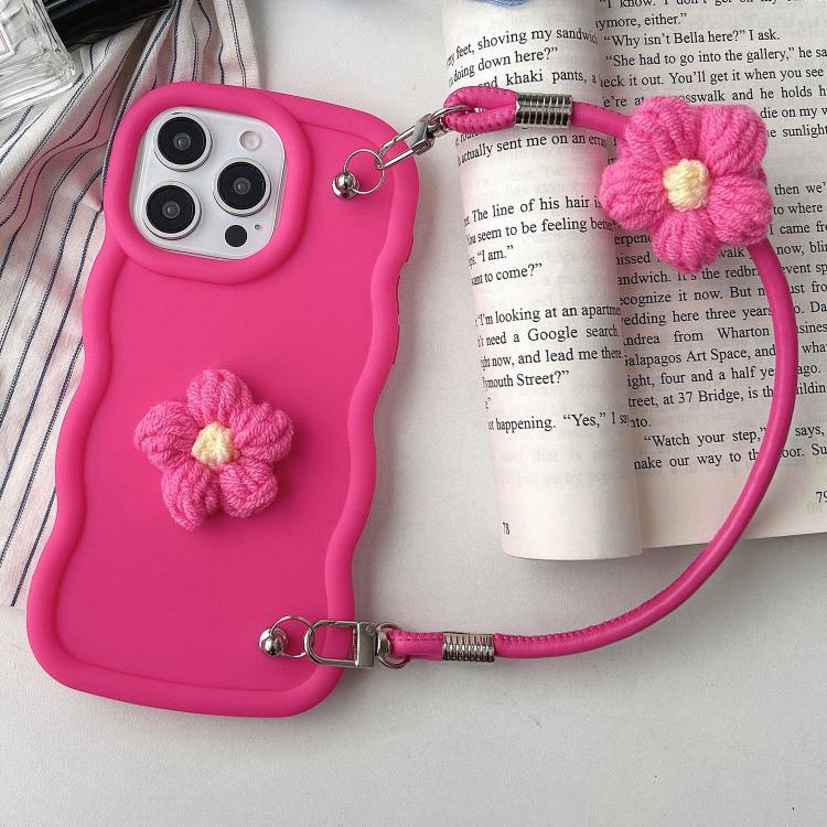 For iPhone 15 Pro Max Plush Flower Wavy TPU Phone Case with Lanyard