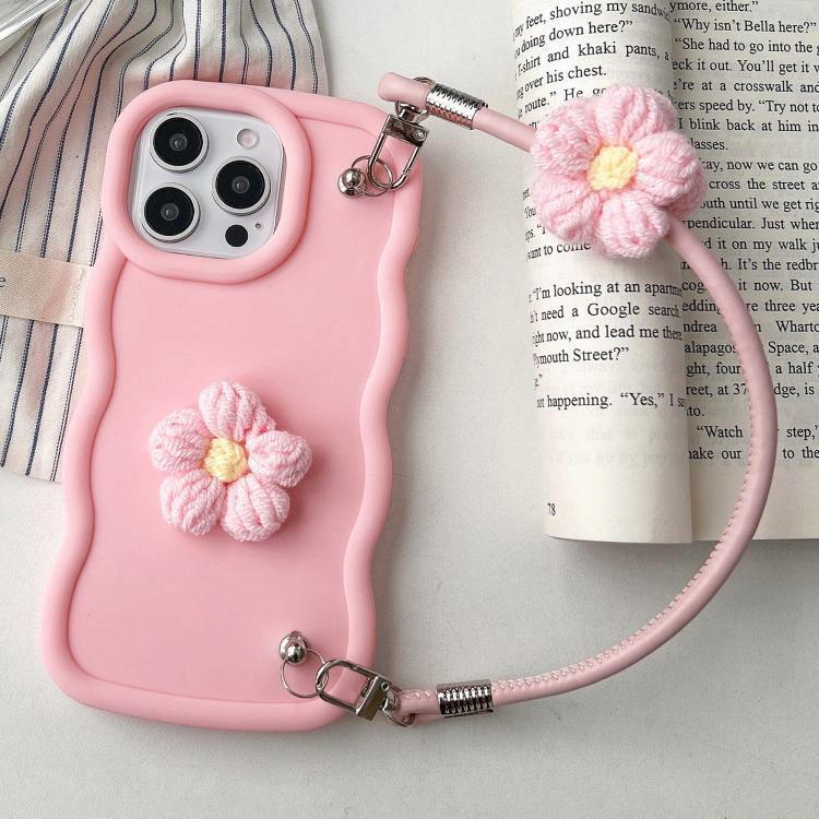For iPhone 15 Pro Plush Flower Wavy TPU Phone Case with Lanyard