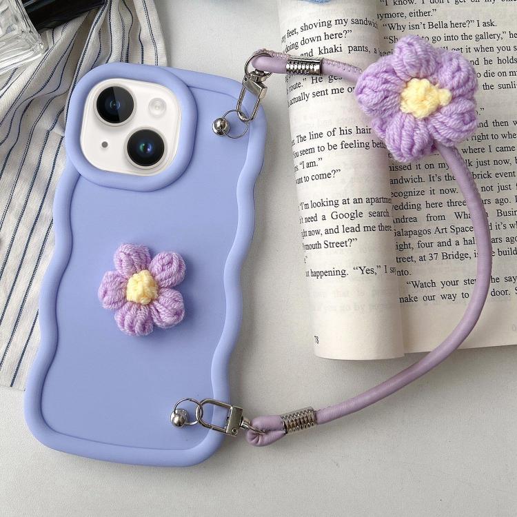 For iPhone 15 Plush Flower Wavy TPU Phone Case with Lanyard