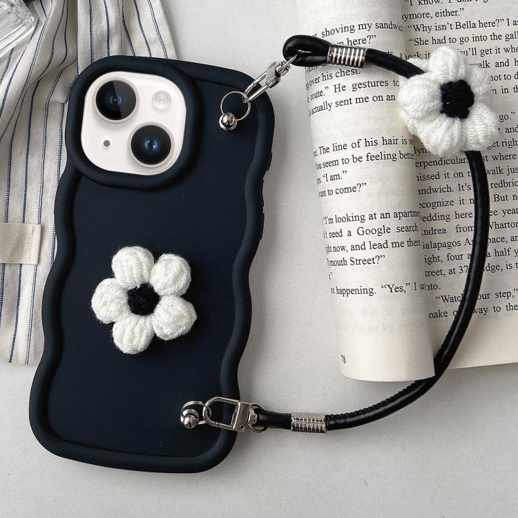 For iPhone 14 Plus Plush Flower Wavy TPU Phone Case with Lanyard