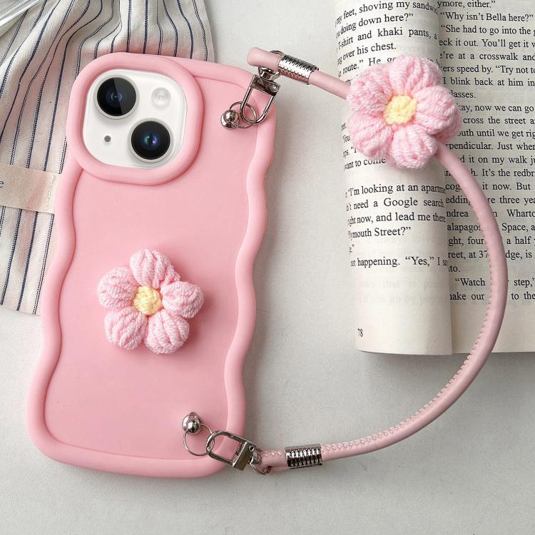 For iPhone 14 Plush Flower Wavy TPU Phone Case with Lanyard