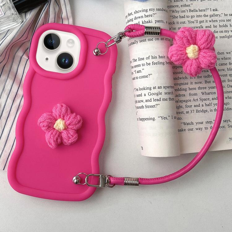 For iPhone 14 Plush Flower Wavy TPU Phone Case with Lanyard