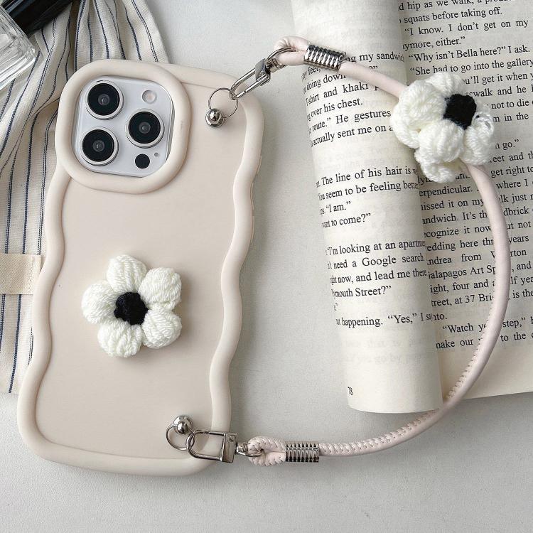 For iPhone 14 Pro Plush Flower Wavy TPU Phone Case with Lanyard