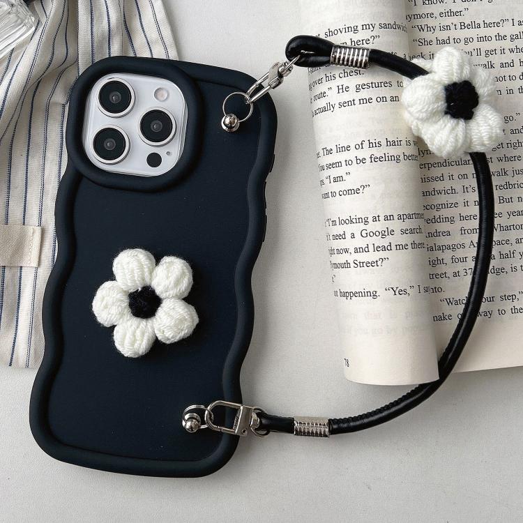 For iPhone 13 Pro Max Plush Flower Wavy TPU Phone Case with Lanyard