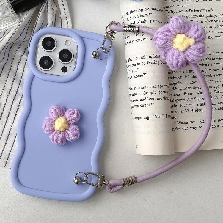 For iPhone 13 Pro Max Plush Flower Wavy TPU Phone Case with Lanyard