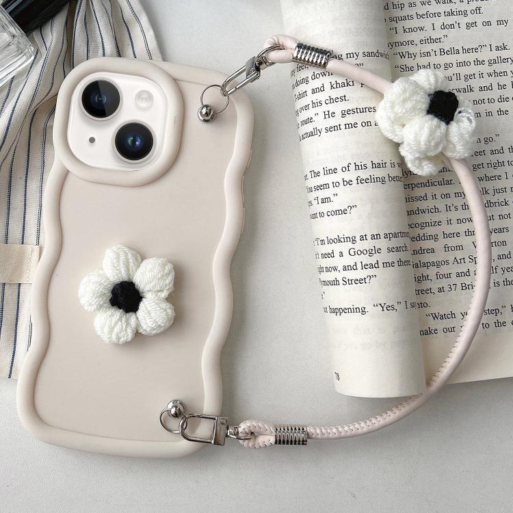 For iPhone 13 Plush Flower Wavy TPU Phone Case with Lanyard