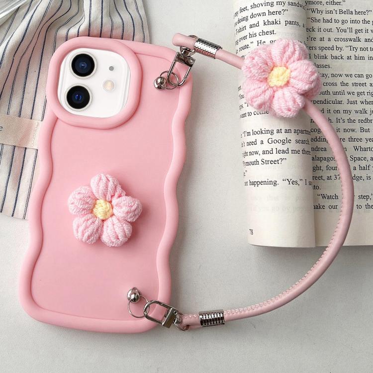 For iPhone 12 Plush Flower Wavy TPU Phone Case with Lanyard