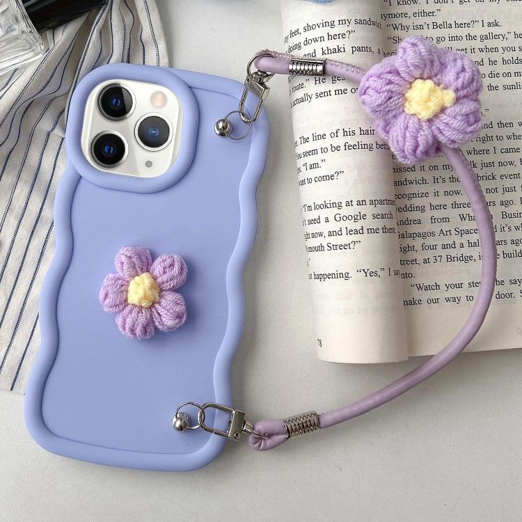 For iPhone 11 Pro Max Plush Flower Wavy TPU Phone Case with Lanyard