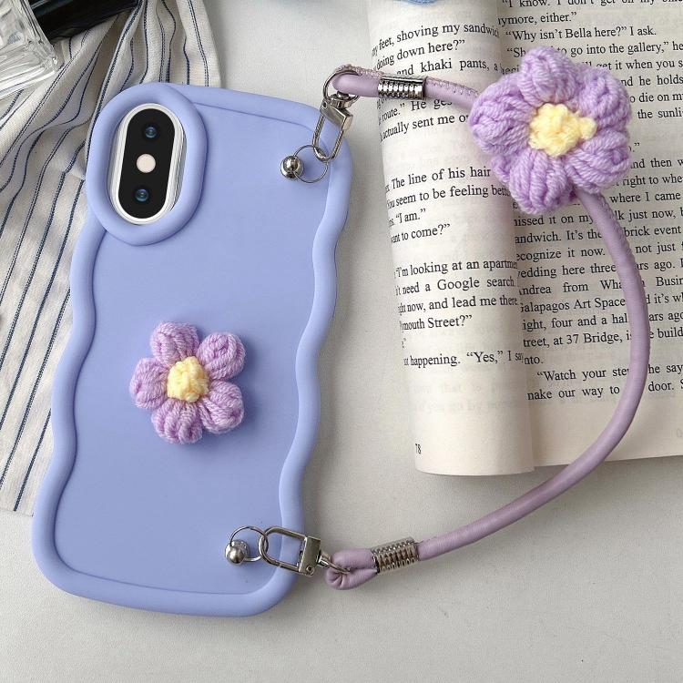 For iPhone XS Max Plush Flower Wavy TPU Phone Case with Lanyard