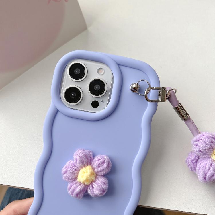 For iPhone 14 Pro Plush Flower Wavy TPU Phone Case with Lanyard