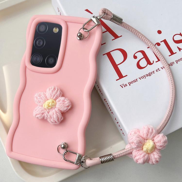 For Samsung Galaxy A31 Plush Flower Wavy TPU Phone Case with Lanyard