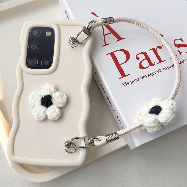 For Samsung Galaxy A31 Plush Flower Wavy TPU Phone Case with Lanyard