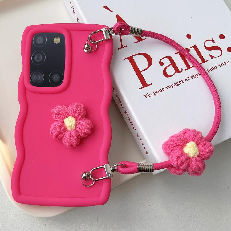 For Samsung Galaxy A31 Plush Flower Wavy TPU Phone Case with Lanyard