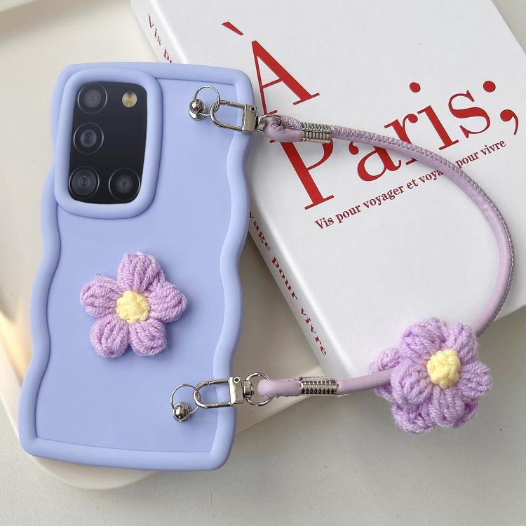 For Samsung Galaxy A31 Plush Flower Wavy TPU Phone Case with Lanyard