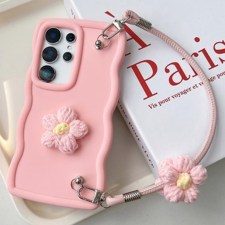 For Samsung Galaxy S23 Ultra 5G Plush Flower Wavy TPU Phone Case with Lanyard