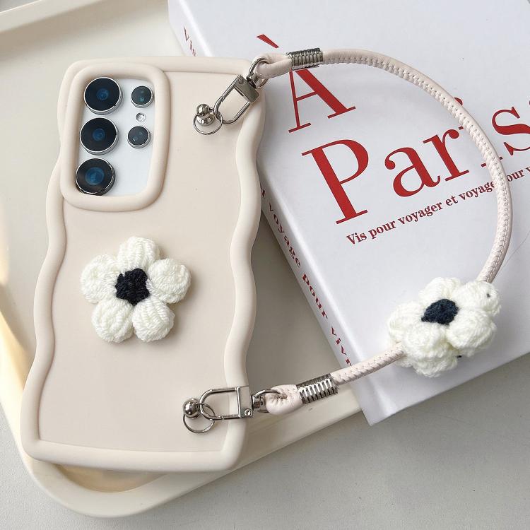 For Samsung Galaxy S23 Ultra 5G Plush Flower Wavy TPU Phone Case with Lanyard
