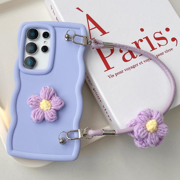 For Samsung Galaxy S23 Ultra 5G Plush Flower Wavy TPU Phone Case with Lanyard