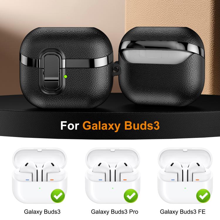 For Samsung Galaxy Buds3 Electroplated Leather Texture Wireless Earphones Protective Case with Security Lock