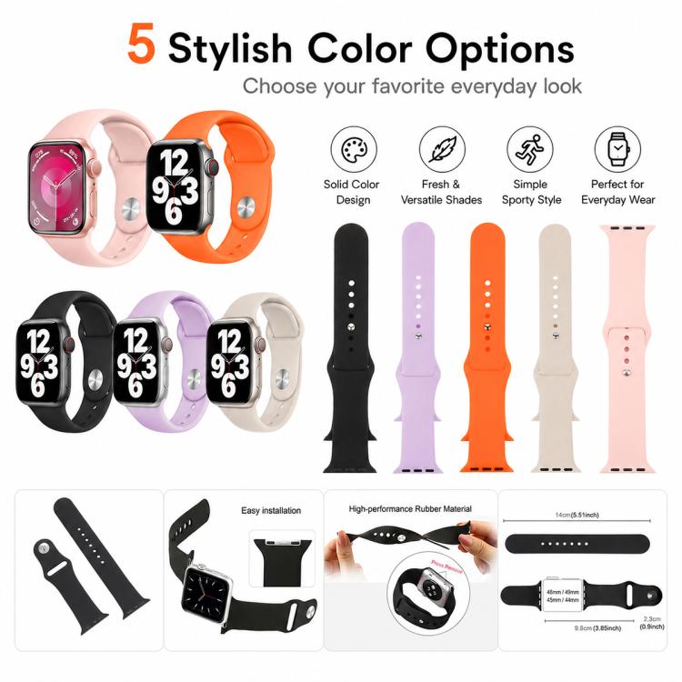 For Apple Watch 38 / 40 / 41 / S11 42mm 5 Pack xDfind Solid Color Silicone Sports Watch Band