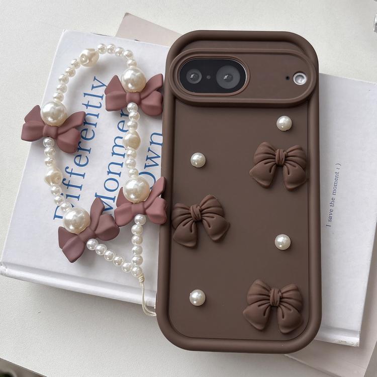 For Google Pixel 7 5G Soft Silicone 3D Bowknot Pearl Phone Case with Beaded Wrist Strap