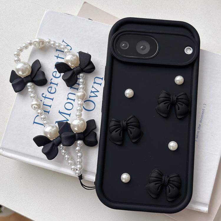 For Google Pixel 7a Soft Silicone 3D Bowknot Pearl Phone Case with Beaded Wrist Strap