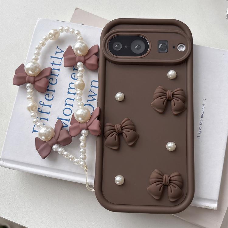 For Google Pixel 7 Pro 5G Soft Silicone 3D Bowknot Pearl Phone Case with Beaded Wrist Strap