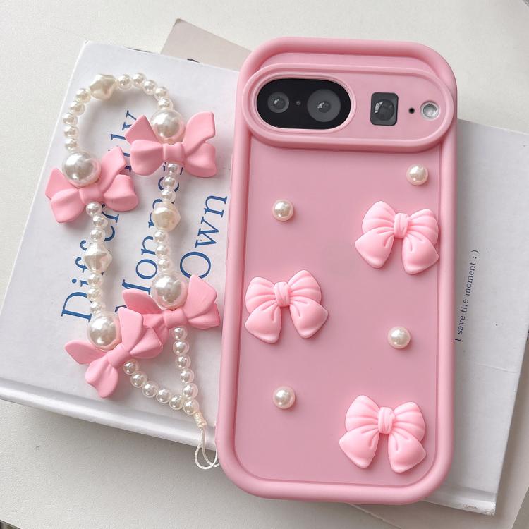 For Google Pixel 7 Pro 5G Soft Silicone 3D Bowknot Pearl Phone Case with Beaded Wrist Strap