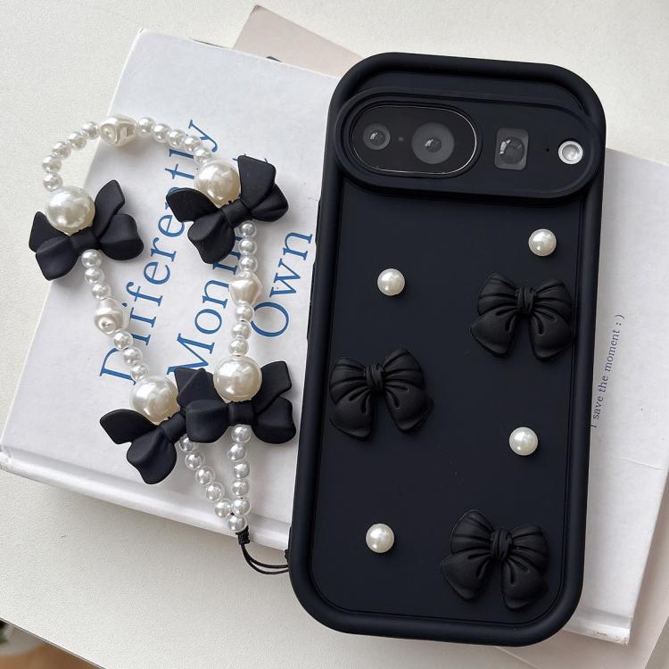 For Google Pixel 7 Pro 5G Soft Silicone 3D Bowknot Pearl Phone Case with Beaded Wrist Strap
