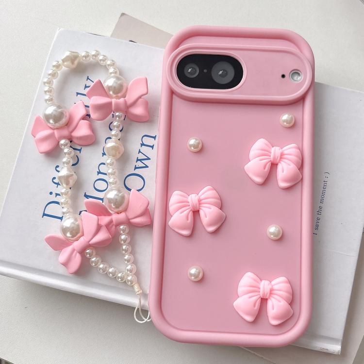 For Google Pixel 8a Soft Silicone 3D Bowknot Pearl Phone Case with Beaded Wrist Strap