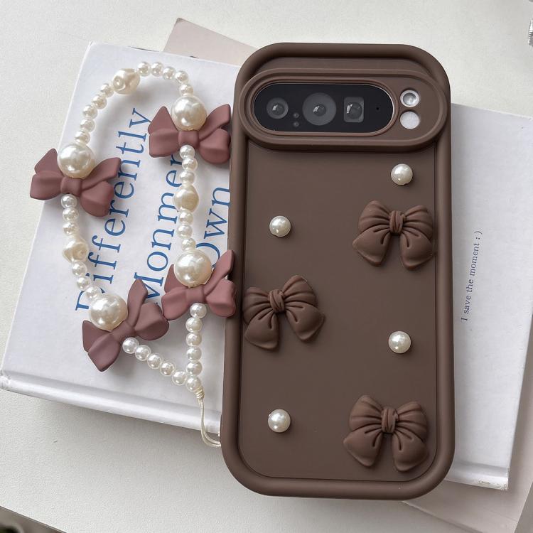 For Google Pixel 8 Pro Soft Silicone 3D Bowknot Pearl Phone Case with Beaded Wrist Strap