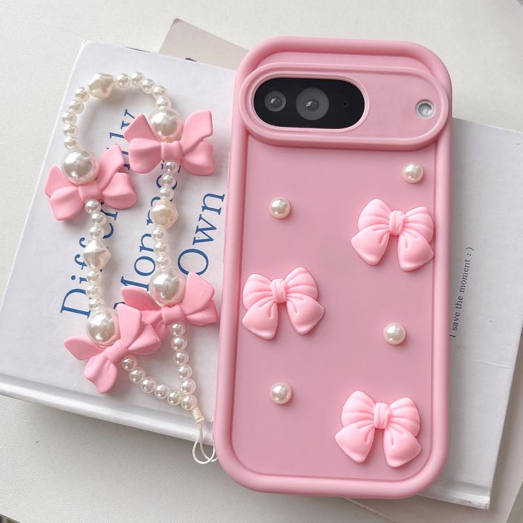 For Google Pixel 9 Soft Silicone 3D Bowknot Pearl Phone Case with Beaded Wrist Strap