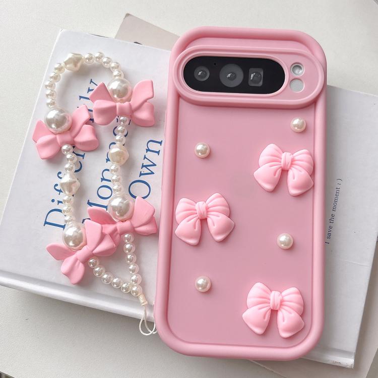 For Google Pixel 9 Pro Soft Silicone 3D Bowknot Pearl Phone Case with Beaded Wrist Strap
