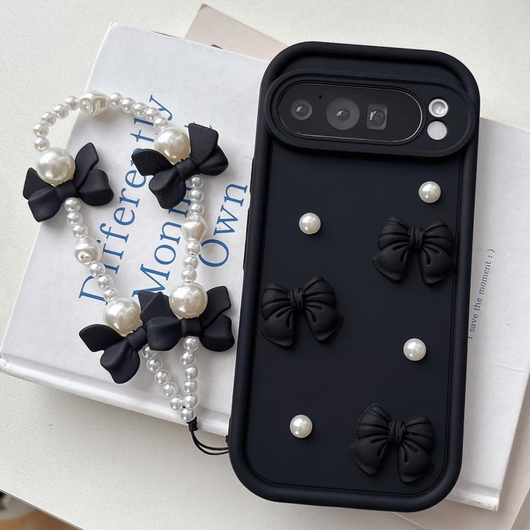 For Google Pixel 9 Pro Soft Silicone 3D Bowknot Pearl Phone Case with Beaded Wrist Strap