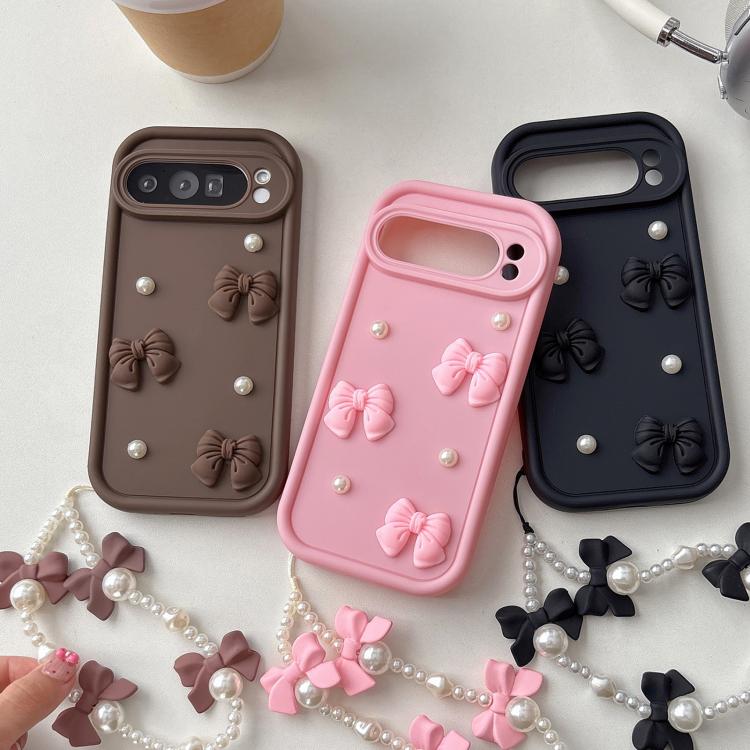 For Google Pixel 8 Pro Soft Silicone 3D Bowknot Pearl Phone Case with Beaded Wrist Strap