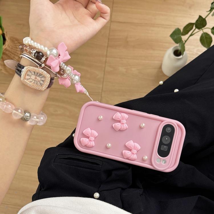 For Google Pixel 7 Pro 5G Soft Silicone 3D Bowknot Pearl Phone Case with Beaded Wrist Strap