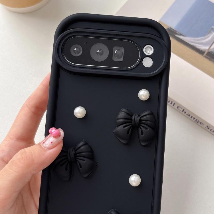For Google Pixel 9 Pro Soft Silicone 3D Bowknot Pearl Phone Case with Beaded Wrist Strap