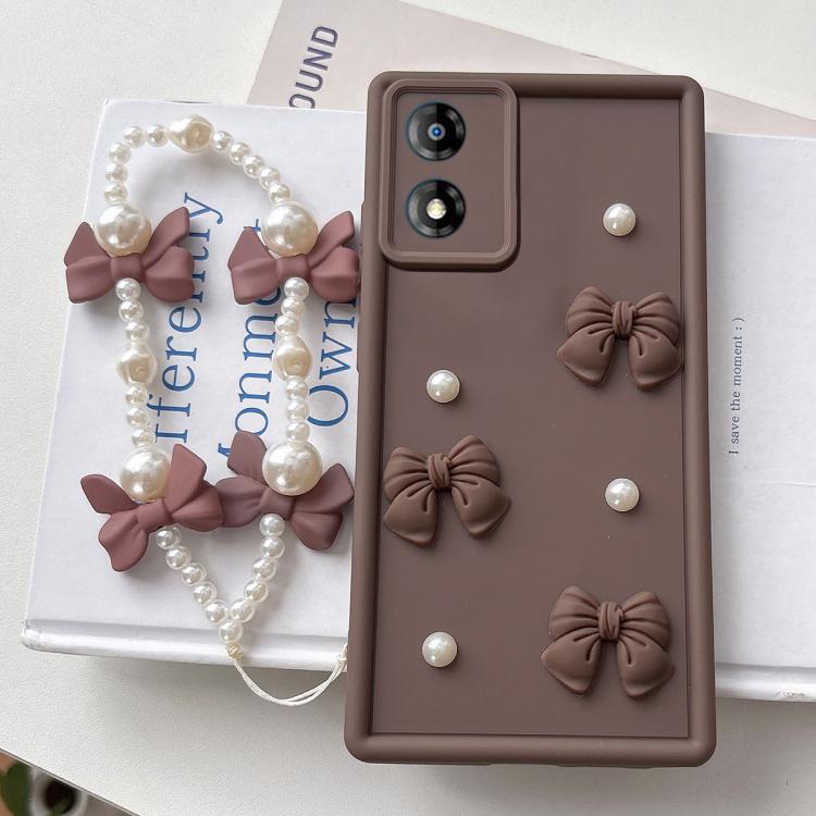 For Motorola Moto E13 Soft Silicone 3D Bowknot Pearl Phone Case with Beaded Wrist Strap