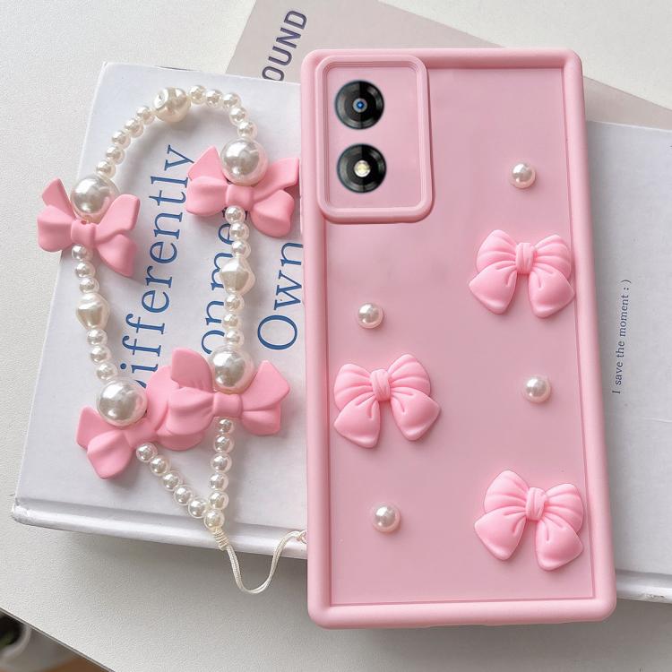 For Motorola Moto E13 Soft Silicone 3D Bowknot Pearl Phone Case with Beaded Wrist Strap