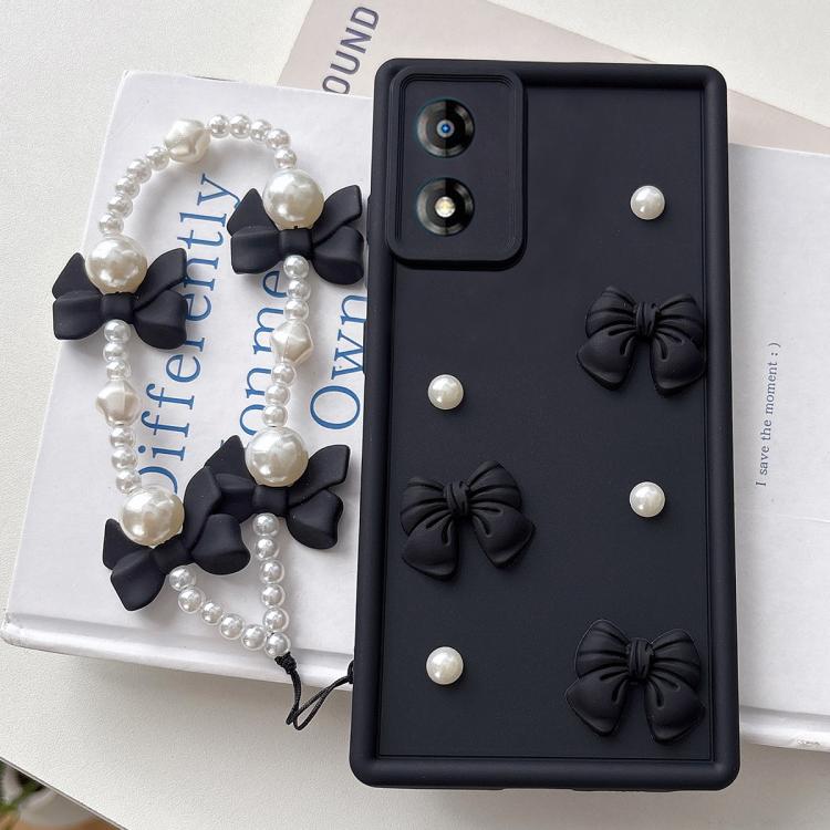 For Motorola Moto E13 Soft Silicone 3D Bowknot Pearl Phone Case with Beaded Wrist Strap