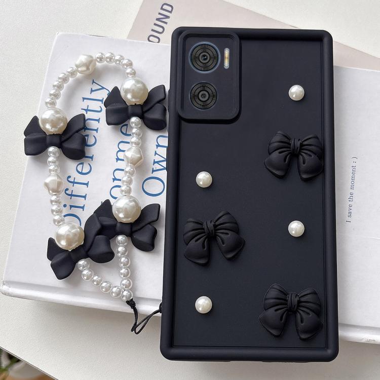 For Motorola Moto E22 4G  / E22i 4G Soft Silicone 3D Bowknot Pearl Phone Case with Beaded Wrist Strap