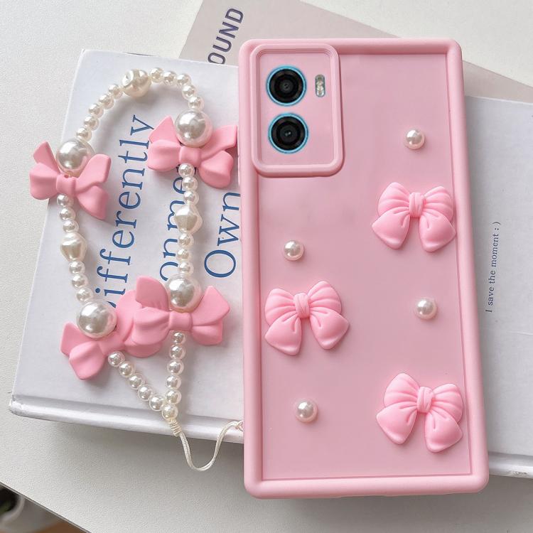 For Motorola Moto E32 Global Soft Silicone 3D Bowknot Pearl Phone Case with Beaded Wrist Strap