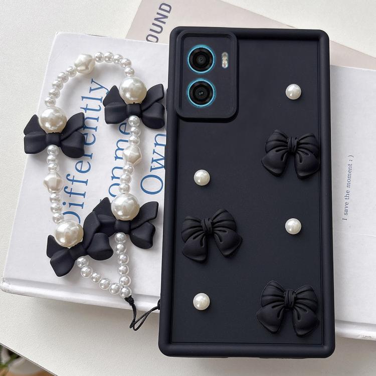 For Motorola Moto E32 Global Soft Silicone 3D Bowknot Pearl Phone Case with Beaded Wrist Strap