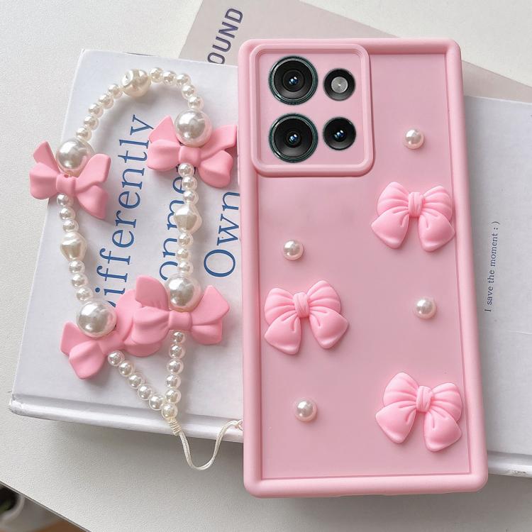 For Motorola Edge 50 Soft Silicone 3D Bowknot Pearl Phone Case with Beaded Wrist Strap