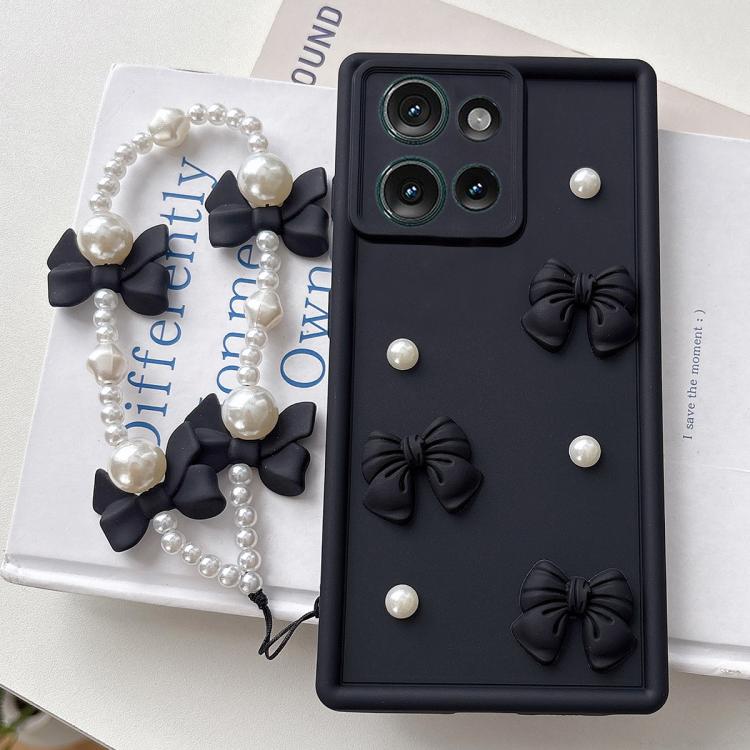 For Motorola Edge 50 Soft Silicone 3D Bowknot Pearl Phone Case with Beaded Wrist Strap