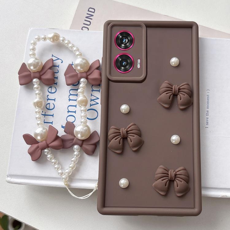 For Motorola Edge 50 Fusion Soft Silicone 3D Bowknot Pearl Phone Case with Beaded Wrist Strap
