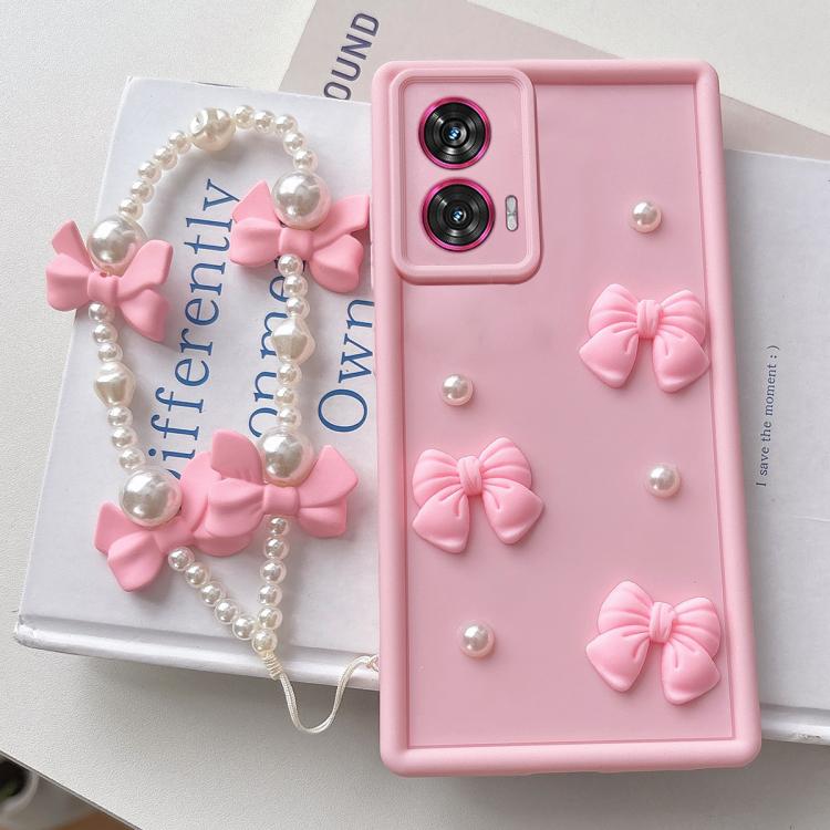 For Motorola Edge 50 Fusion Soft Silicone 3D Bowknot Pearl Phone Case with Beaded Wrist Strap