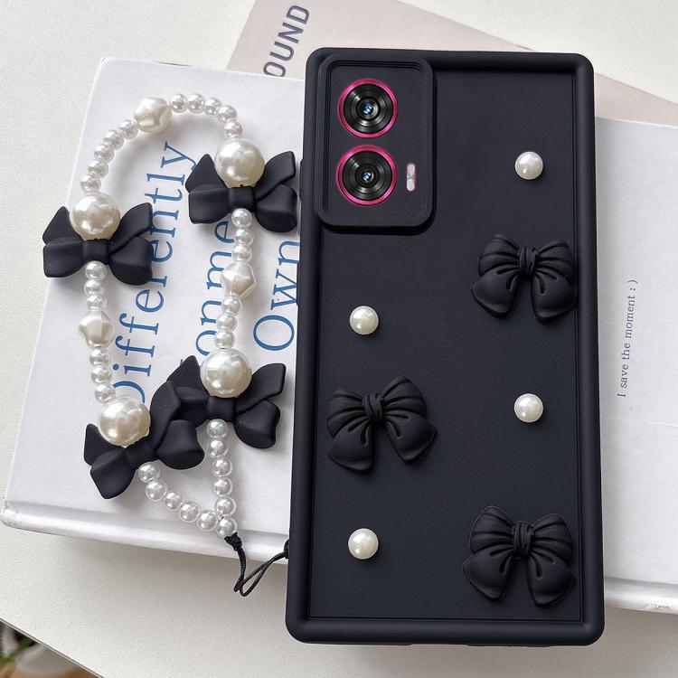 For Motorola Edge 50 Fusion Soft Silicone 3D Bowknot Pearl Phone Case with Beaded Wrist Strap
