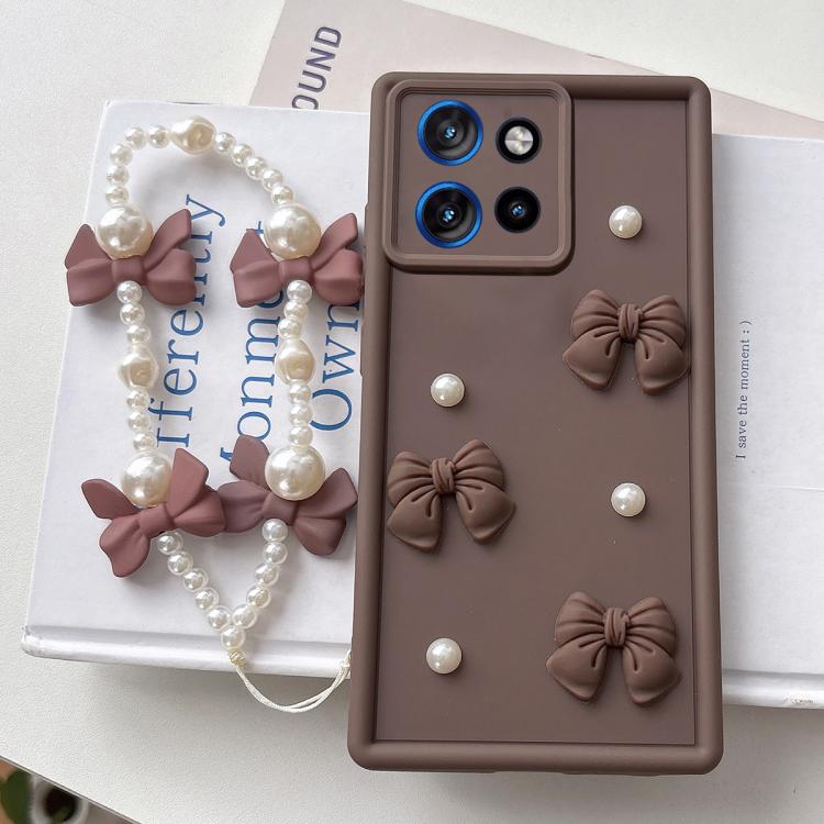 For Motorola Edge 50 Neo Soft Silicone 3D Bowknot Pearl Phone Case with Beaded Wrist Strap